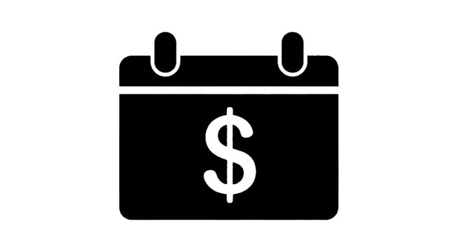 Minimal black silhouette icon, simple flat vector, bold black shape, no, no shading calendar icon with dollar sign symbol for financial planning and payment date on a, flat icon style