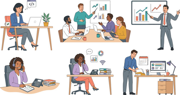 Corporate business people character set working on laptops code programming presenting analytics charts and answering support calls vector illustration