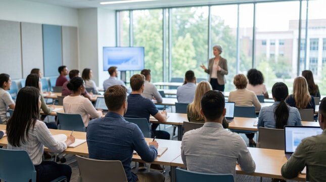 Students attending business lecture in modern classroom