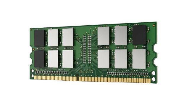 Closeup of a computer ram module with gold connectors on a transparent background
