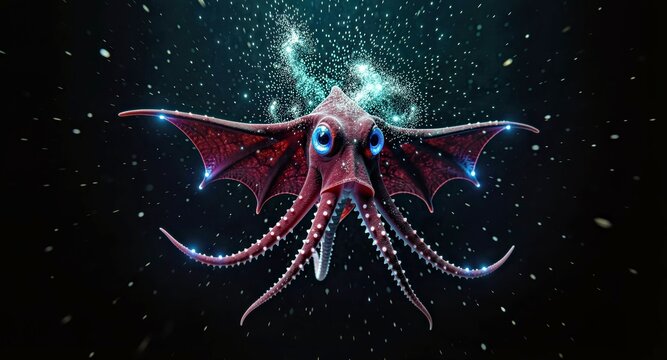 Glowing vampire squid in deep ocean with dramatic bioluminescent mystery.
