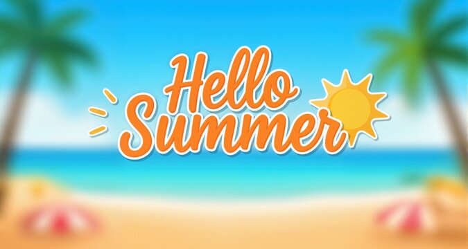 Hello Summer banner. Hand drawn lettering text design on blurred summer beach background. Vector illustration.

