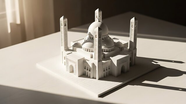 White Miniature Mosque Model with Sunlight and Shadows