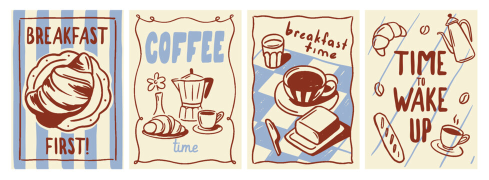 Coffee posters set. Trendy line art flyers with croissant, espresso cup and coffee maker. Breakfast at Coffee Shop. Menu Design. human made vector illustration collection isolated on background