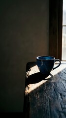 Naklejka premium Blue Ceramic Mug with Hot Beverage Steam Close Up on Dark Background Cozy Morning Coffee