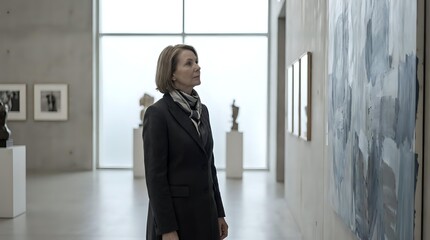 Fototapeta premium Confident Woman in Black Suit Standing in Modern Interior Corporate