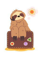 Fototapeta premium Sloth Sitting On Suitcase Traveler Cartoon