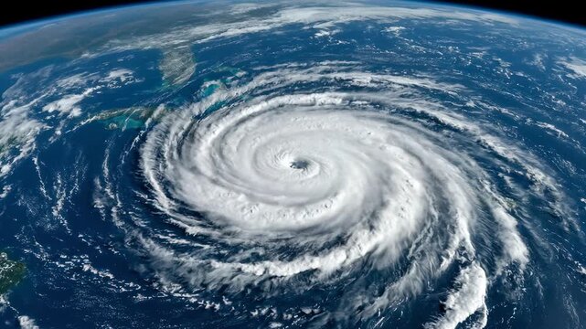 Composite satellite view of a major hurricane spinning over the ocean. Meteorology concept showing a powerful tropical cyclone and extreme weather event