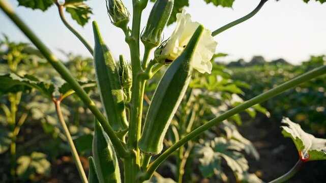 Close-up of fresh okra plants with green pods, buds, and white flowers in a sunny field.
