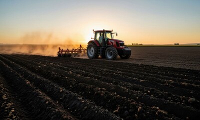 Obraz premium Tractor plowing field at sunrise with golden light and dust in rural agriculture landscape