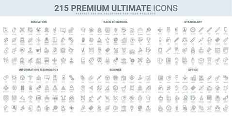 Education, school subjects and office stationery, science technology thin black line icons set vector illustration. Outline symbols of study, laboratory equipment, scientists analysis and discovery © lembergvector
