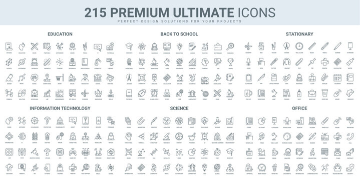 Education, school subjects and office stationery, science technology thin black line icons set vector illustration. Outline symbols of study, laboratory equipment, scientists analysis and discovery
