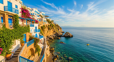 Obraz premium White Coastal Village On Cliffside Overlooking Blue Sea Water