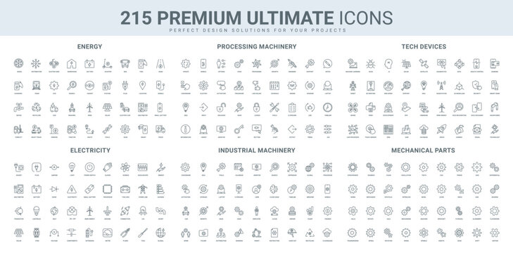 Electric energy generators and power, industrial process, gears setup, smart device line icon set. Eco solution, machinery, automation upgrade and growth thin black outline symbols vector illustration