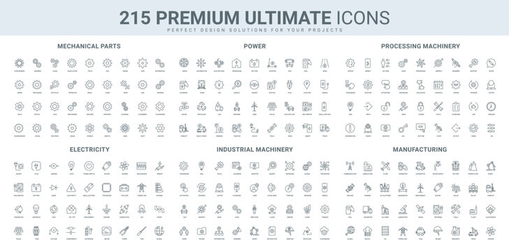 Industrial machine gears, manufacturing equipment and source of energy, power and electric transport line icon set. Automobile engine and mechanic parts thin black outline symbols vector illustration