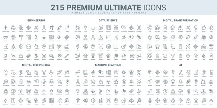 AI and smart technology, science research and machine learning thin black line icons set vector illustration. Outline symbols of data analysis automation and protection, robot and neural network