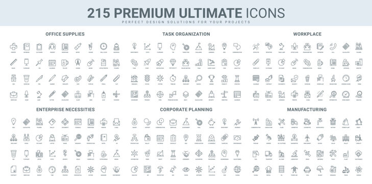 Manufacturing, office supplies for workplace, task organization, problem solving line icon set. Documents and communication in enterprise, operations thin black outline symbols vector illustration