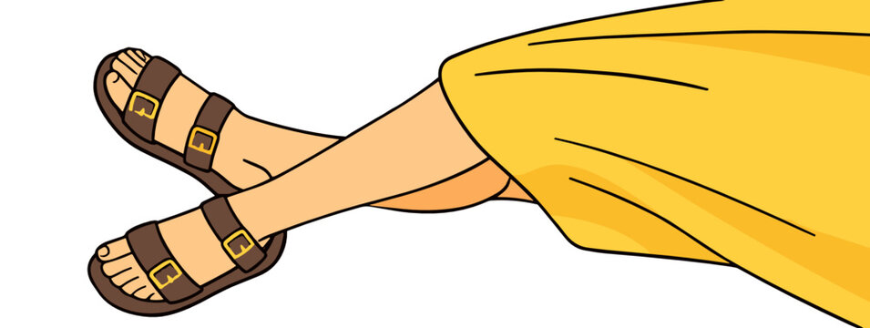 Close-up of female legs in a flowing yellow summer dress wearing brown Birkenstock-style strappy sandals. Casual boho chic summer fashion vector illustration.