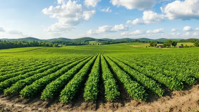 Aerial view flying over a vast green agricultural field with crops growing in rows. Beautiful rural landscape representing agribusiness and food production