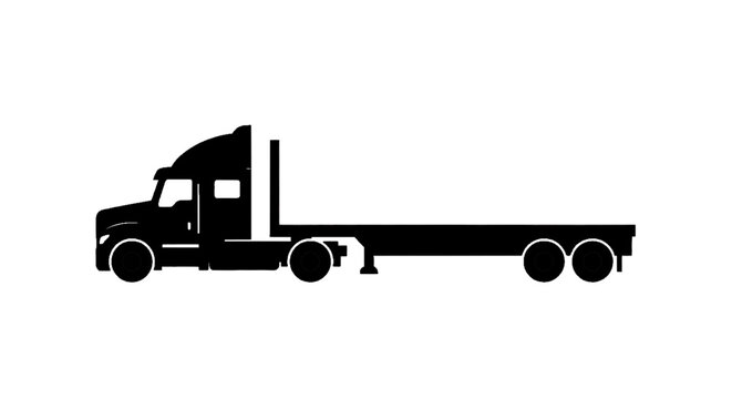 Minimal black silhouette icon, simple flat vector, bold black shape, no, no shading silhouette of a semi truck with a flatbed trailer on a, flat icon style