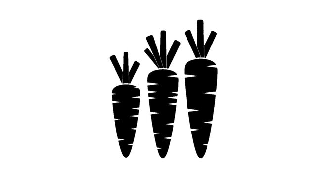 Minimal black silhouette icon, simple flat vector, bold black shape, no, no shading three carrots of different sizes on a, flat icon style