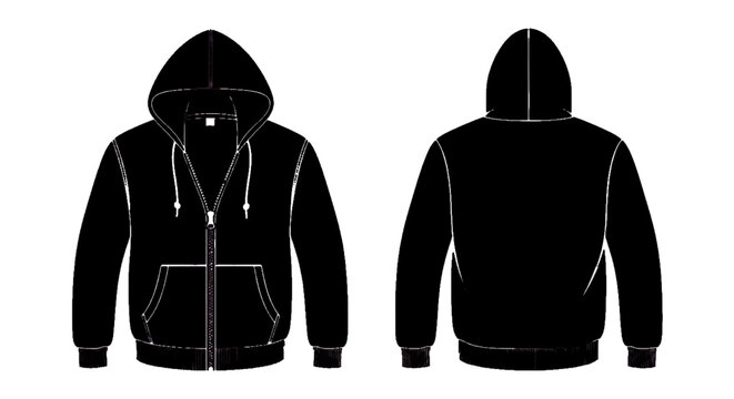 Minimal black silhouette icon, simple flat vector, bold black shape, no, no shading black zip up hoodie template on a, flat icon style