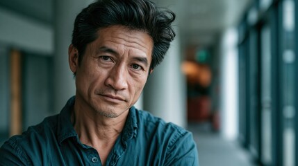 Fototapeta premium Neurodiversity Workplace Middle Aged Vietnamese Slim Man For Wellbeing