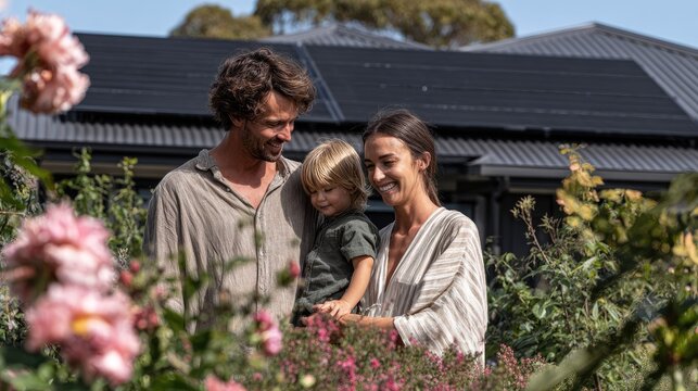 Family in garden before solar panel home.