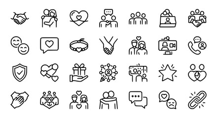 Fototapeta premium Set of 30 Relationship and Friendship Editable Stroke Outline Icons with Social Connection and Love Symbols Vector Collection