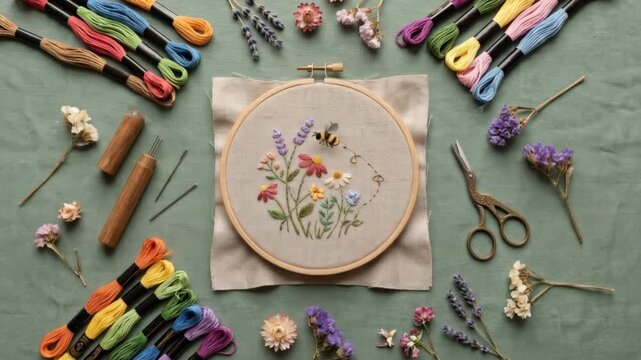 Handmade embroidery process showing a bee and wildflower pattern. Creative hobby flat lay with colorful threads, needles, and scissors for needlework