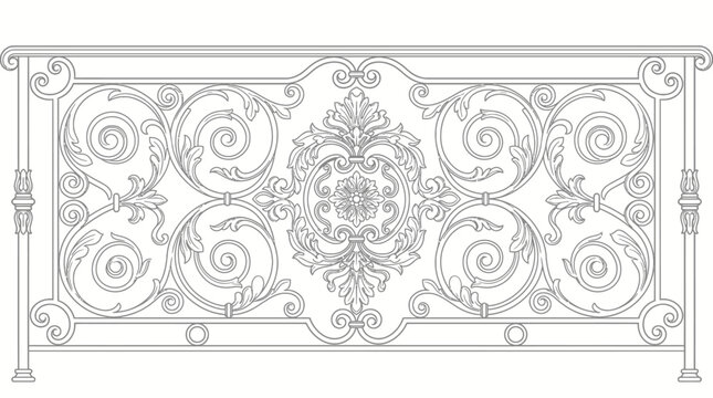 Elegant Ornate Iron Fence Design with Central Decorative Medallion and Floral Scrolls, Classic Architectural Element, Isolated White Background