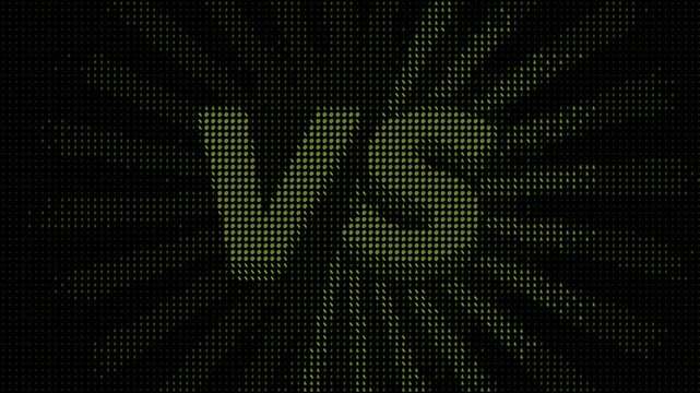 Green ASCII characters forming VS lettering on dark background with rotating radial rays. Seamless loop, retro digital style for gaming and sport content.