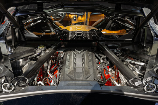 BERLIN - MAY 10, 2026: Engine bay of sports car Chevrolet Corvette C8 Stingray. Classic Days Berlin.