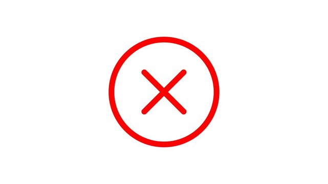 Red cross mark animation, X mark icon button outlines, no checkmark and wrong sign for web and apps isolated on transparent background 4k alpha channel.