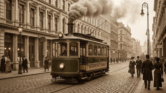 Vintage steam tram traveling down cobblestone street in city  