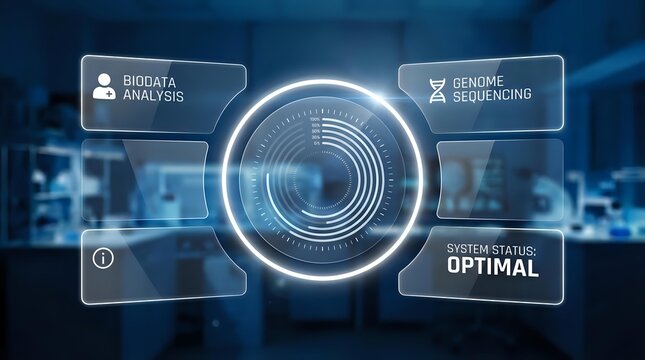 Futuristic digital interface with glowing circular lens displaying biodata analysis, genome sequencing, and system status optimal for technology and science concepts.