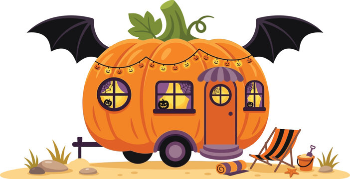 Pumpkin camper trailer sits in a spooky field for a festive fall adventure.