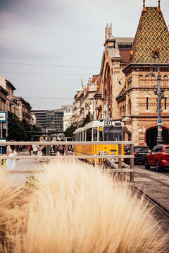 Tram stop in front of the Central Market Hall in Budapest, Hungary.