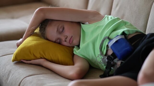 close up of girl with medical equipment undergoing heart examination. Heart monitoring. Girl with heart monitor resting on sofa
