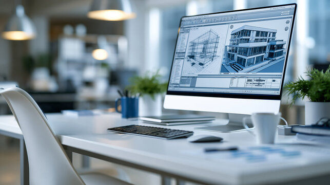 Contemporary office desk with a CAD interface displaying digital blueprints and 3D renders of architectural projects, architecture and construction professional planning concept,