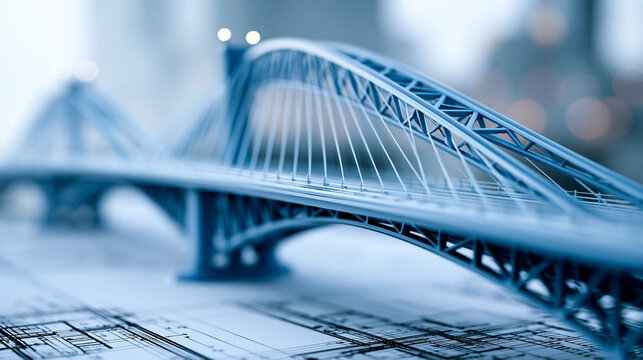 3D model bridge project visualization with a detailed architectural blueprint, engineering design and infrastructure planning concept, defocused, with copy space