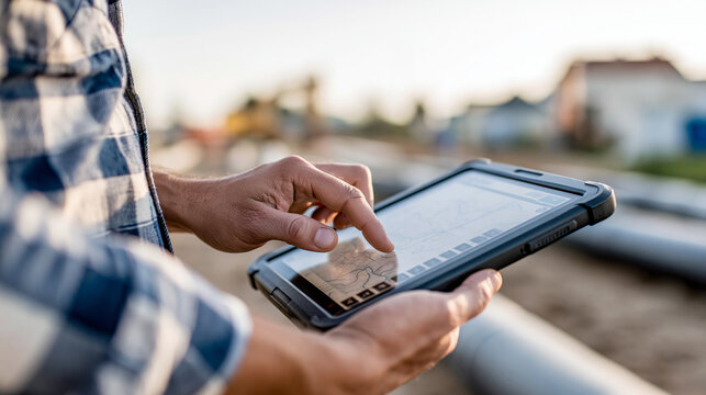 Anonymous man holding a rugged tablet with a topographic map display at a pipeline construction site, modern geodesy and field mapping technology concept, faceless, defocused,
