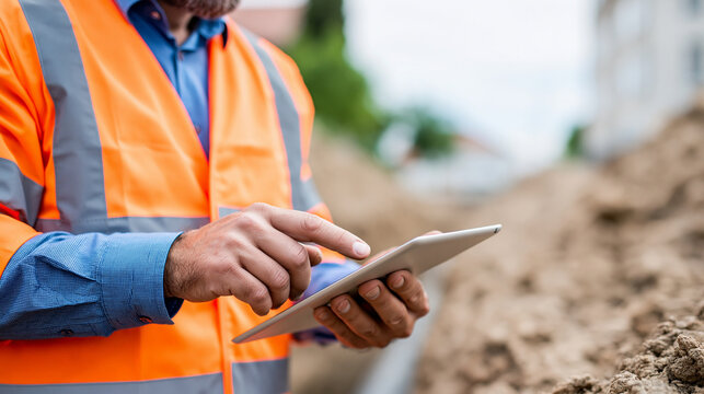 Anonymous construction worker inspecting a pipeline trench using a tablet to check digital plans, utility infrastructure development concept, faceless, defocused, with copy space