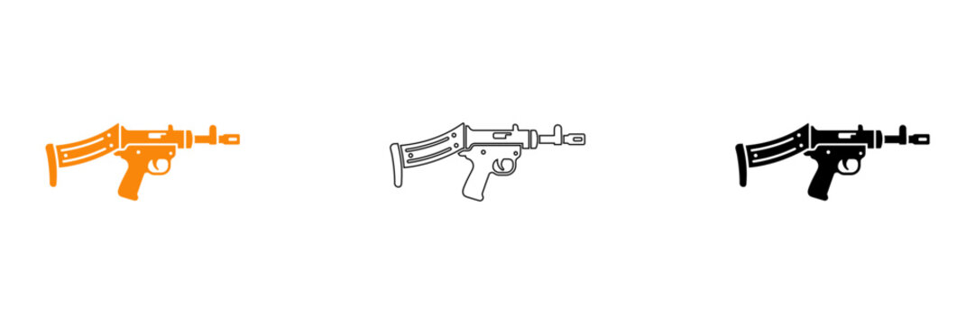 Submachine gun icon set orange outline and solid black variations for tactical design
