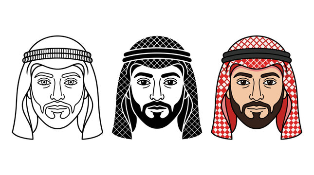 Three styles of Arabic man portrait illustration line art silhouette and colorful cartoon