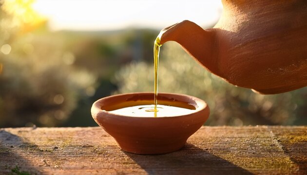 Earthen Jar Olive Oil Rustic Pottery Golden Drip Closeup Anointing Clay Vessel Natural Light Ancient Style Outdoor Scene Flow With Calm Grace