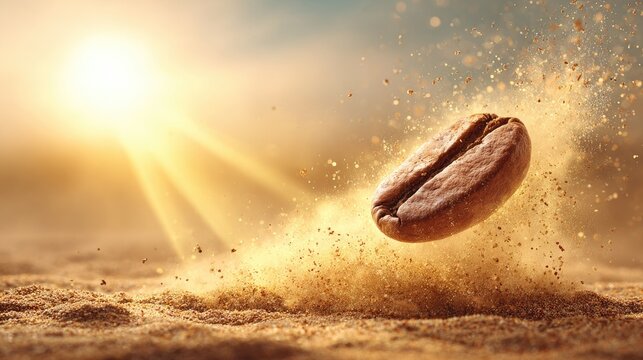 Flying coffee bean in golden light with dust particles.