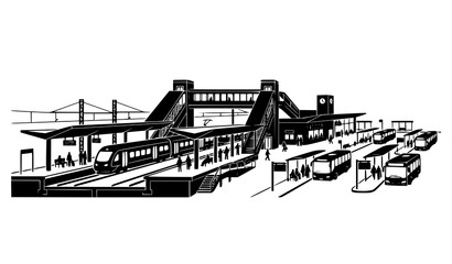 Obraz premium Contemporary Railway Platform and Bus Terminal Silhouette Public Transit Vector Design