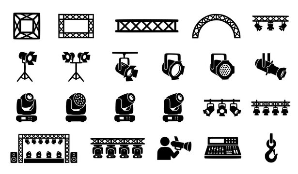 Professional Stage Truss and Spotlight Equipment Silhouette Icons Vector Set