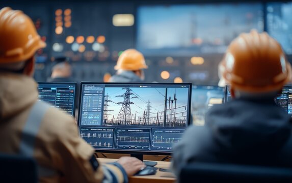 Industrial control room operators monitoring power grid system on multiple screens